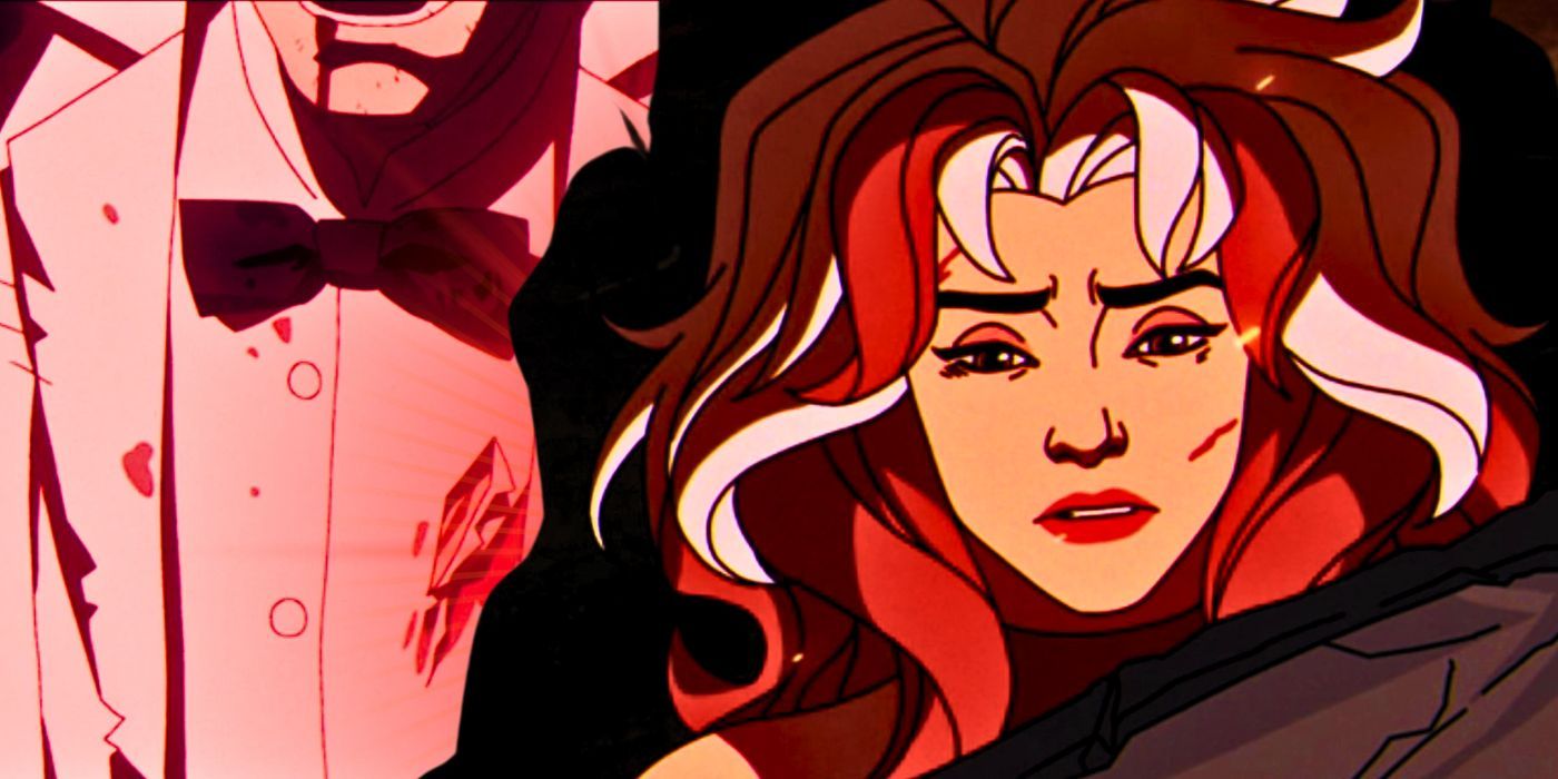 Gambit's bloody tuxedo next to Rogue looking sad in X-Men '97