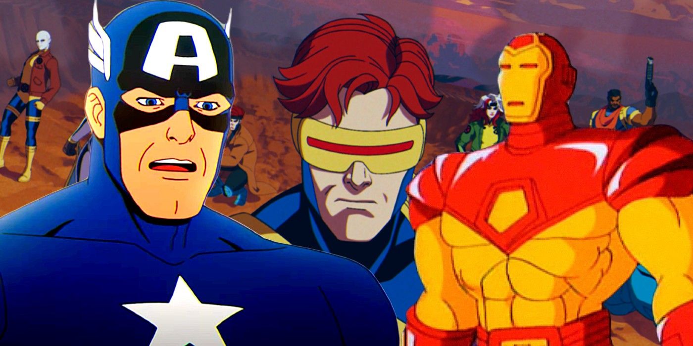 x-men 97' team gather around cyclops with captain america from x-men '97 and iron man from iron man the animated series