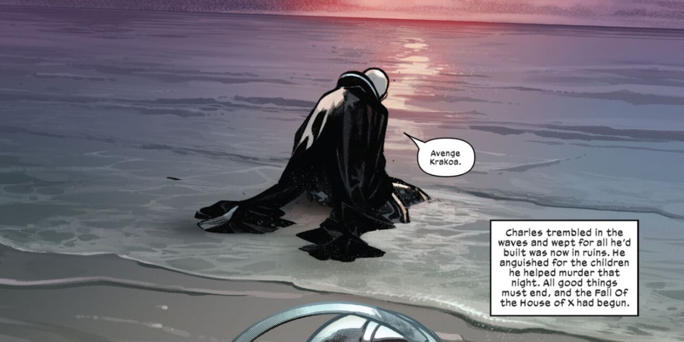 Professor Charles Xavier chorando nas margens de Krakoa em X-Men.
