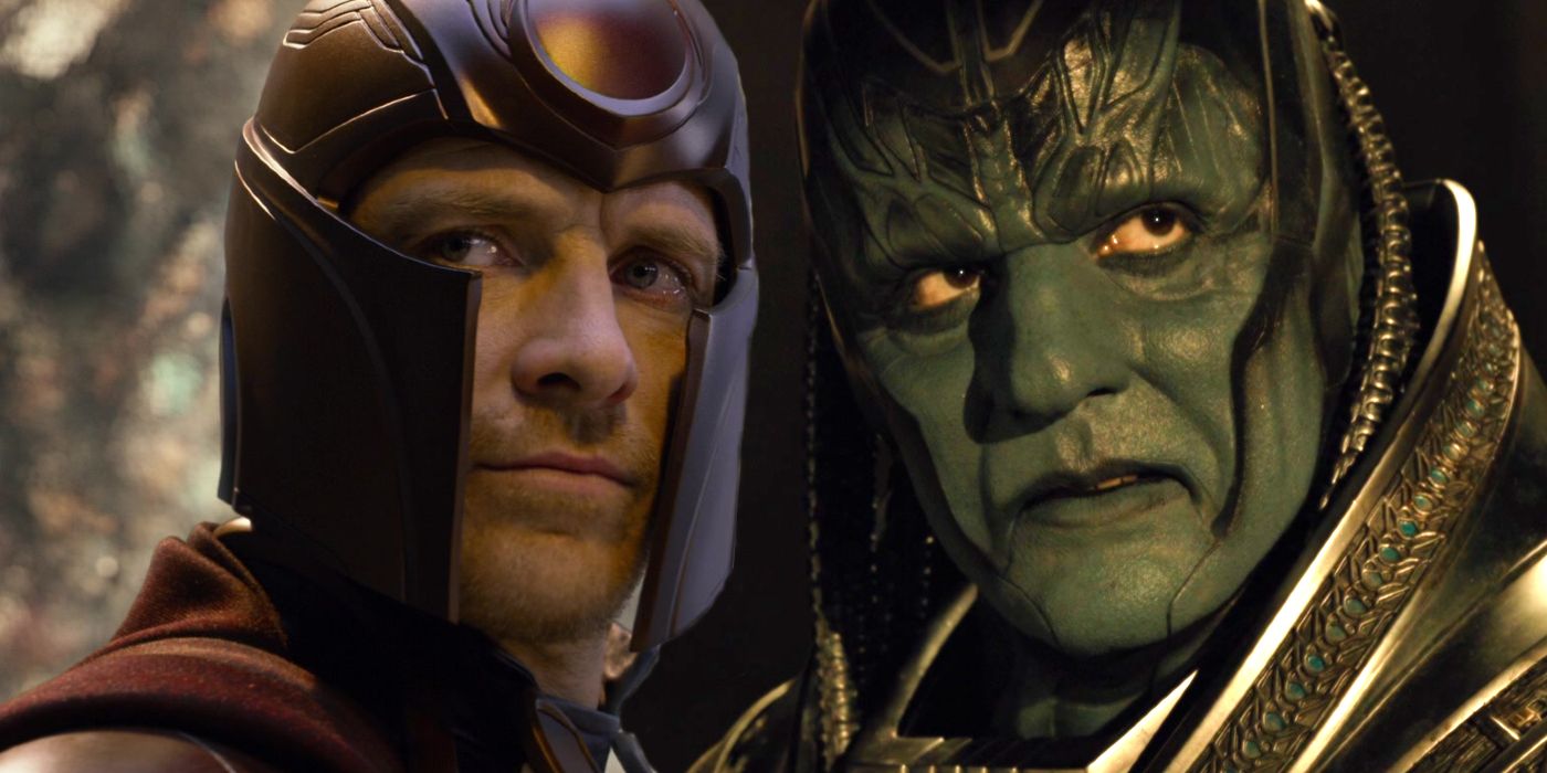 Split image of Michael Fassbender as Magneto and Oscar Isaac as Apocalypse in X-Men: Apocalypse (2016)