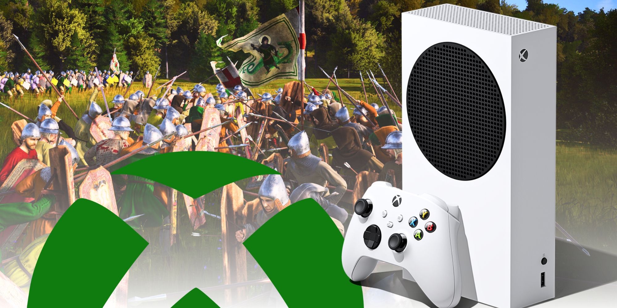 Xbox logo and Xbox Series S in front of Manor Lords medieval combat.
