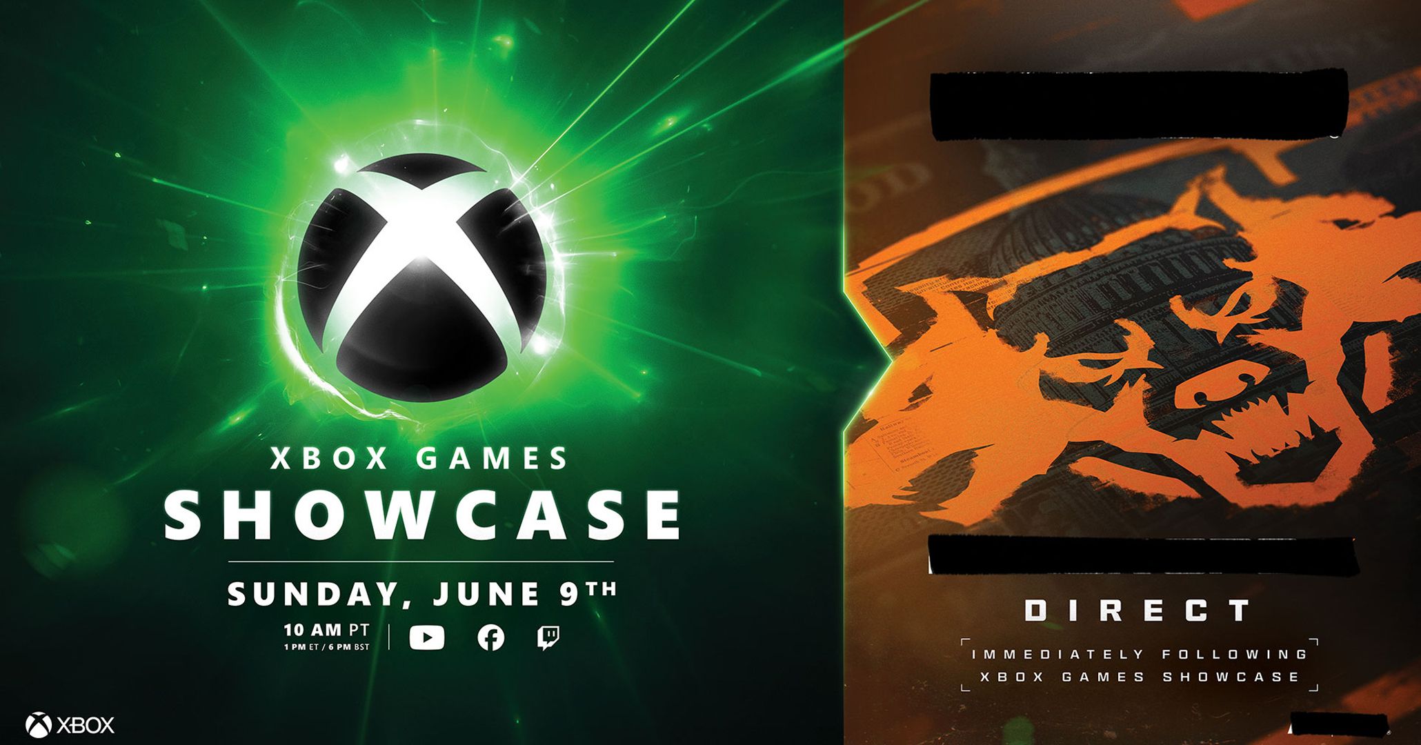 Xbox Games Showcase with a teaser for a Call of Duty direct with blacked-out information.