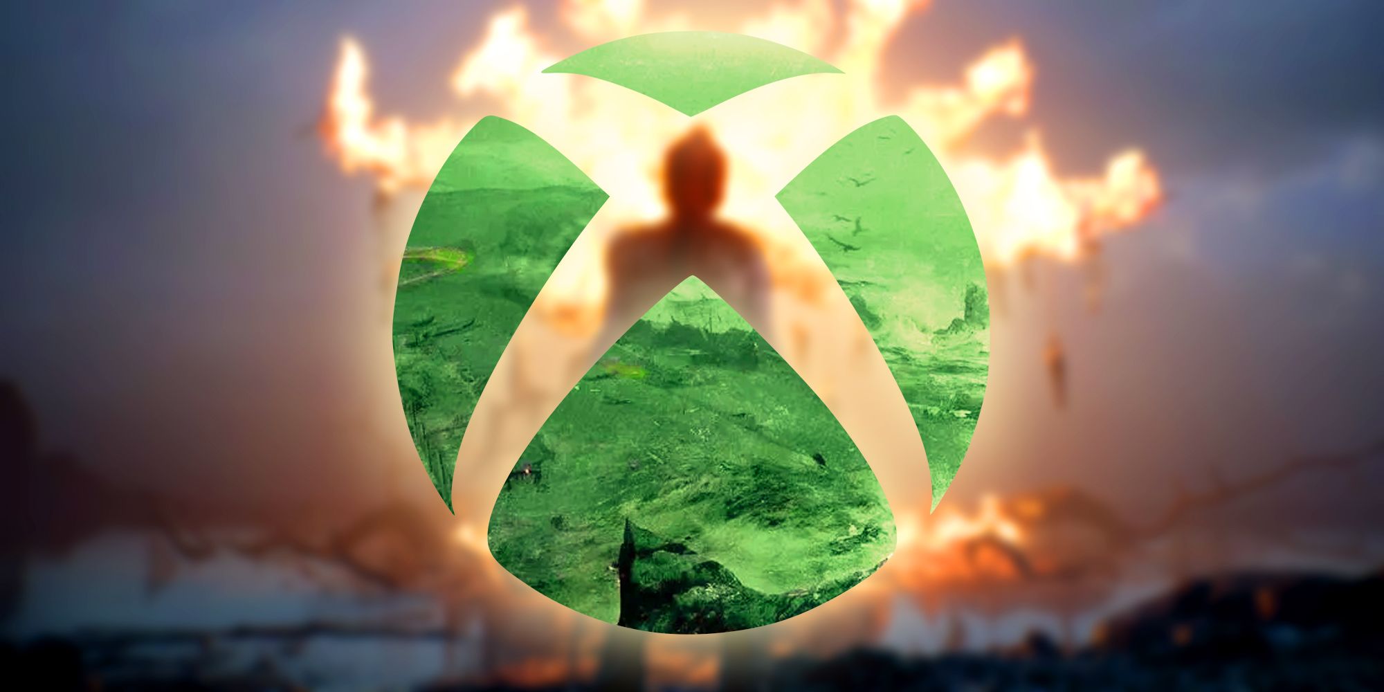The Xbox logo in front of an image of Hellblade 2 with a burning tree.