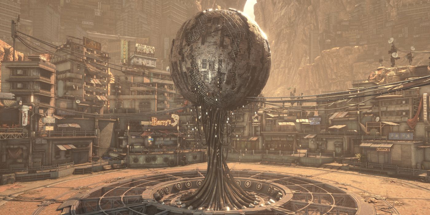 Centro da cidade de Xion com uma enorme estrutura semelhante a um globo de Stellar Blade