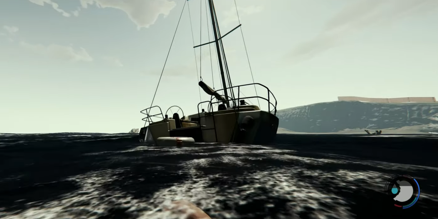 Player swimming to the Abandoned Yacht in The Forest.