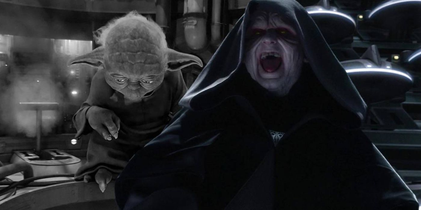 Yoda de Star Wars deprimido com um Palpatine risonho ao lado dele.