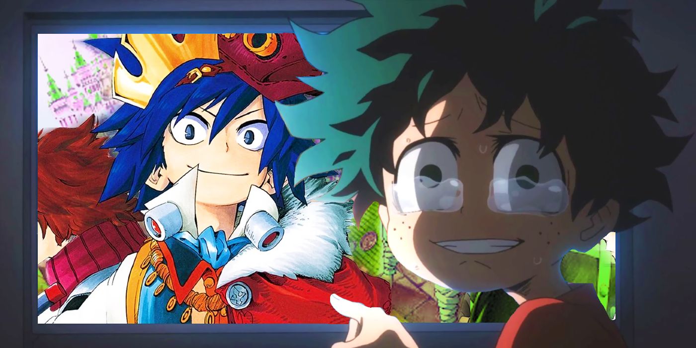 Young Deku from my hero academia crying while pointing at a screen behind him with astro from Barrage on it