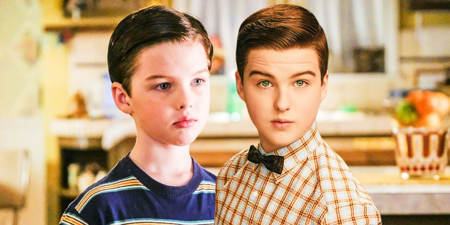 Young Sheldon star Iain Armitage as Sheldon standing in the kitchen in season 1 episode 2 and wearing a bowtie in season 7 promo