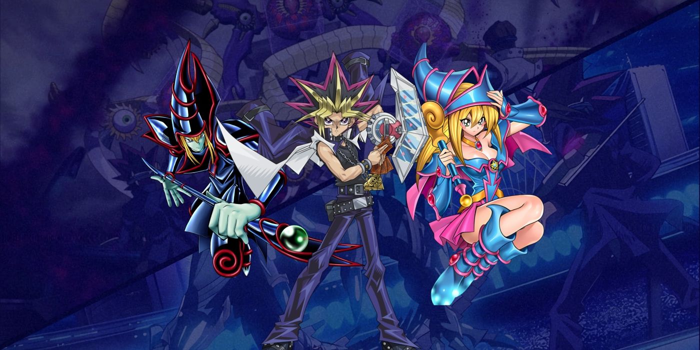 Yugi with his iconic monsters Dark Magician and Dark Magician Girl