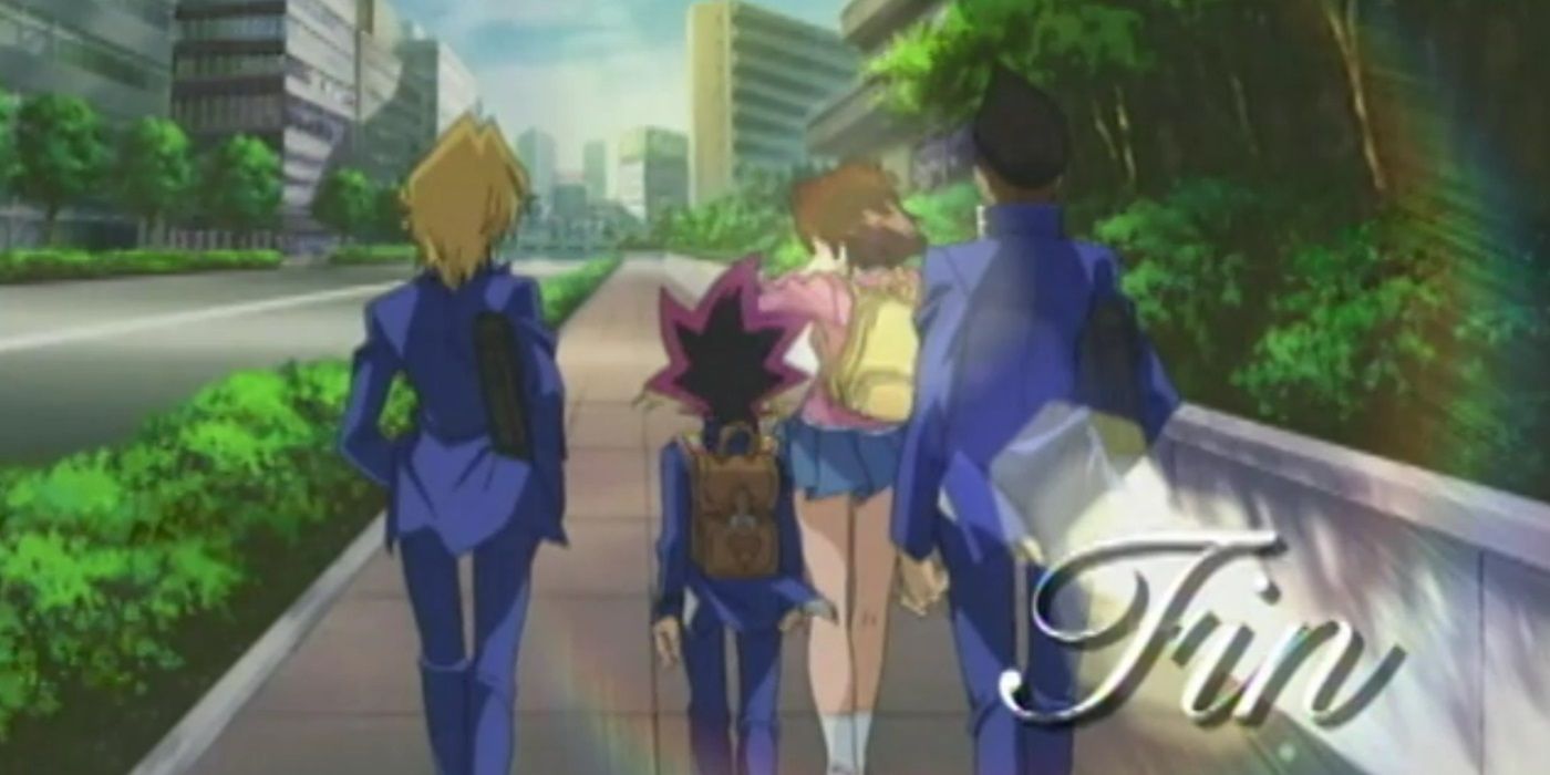 Yugioh Duel Monsters Final Scene depicting Yugi and his friends walking home with each other.
