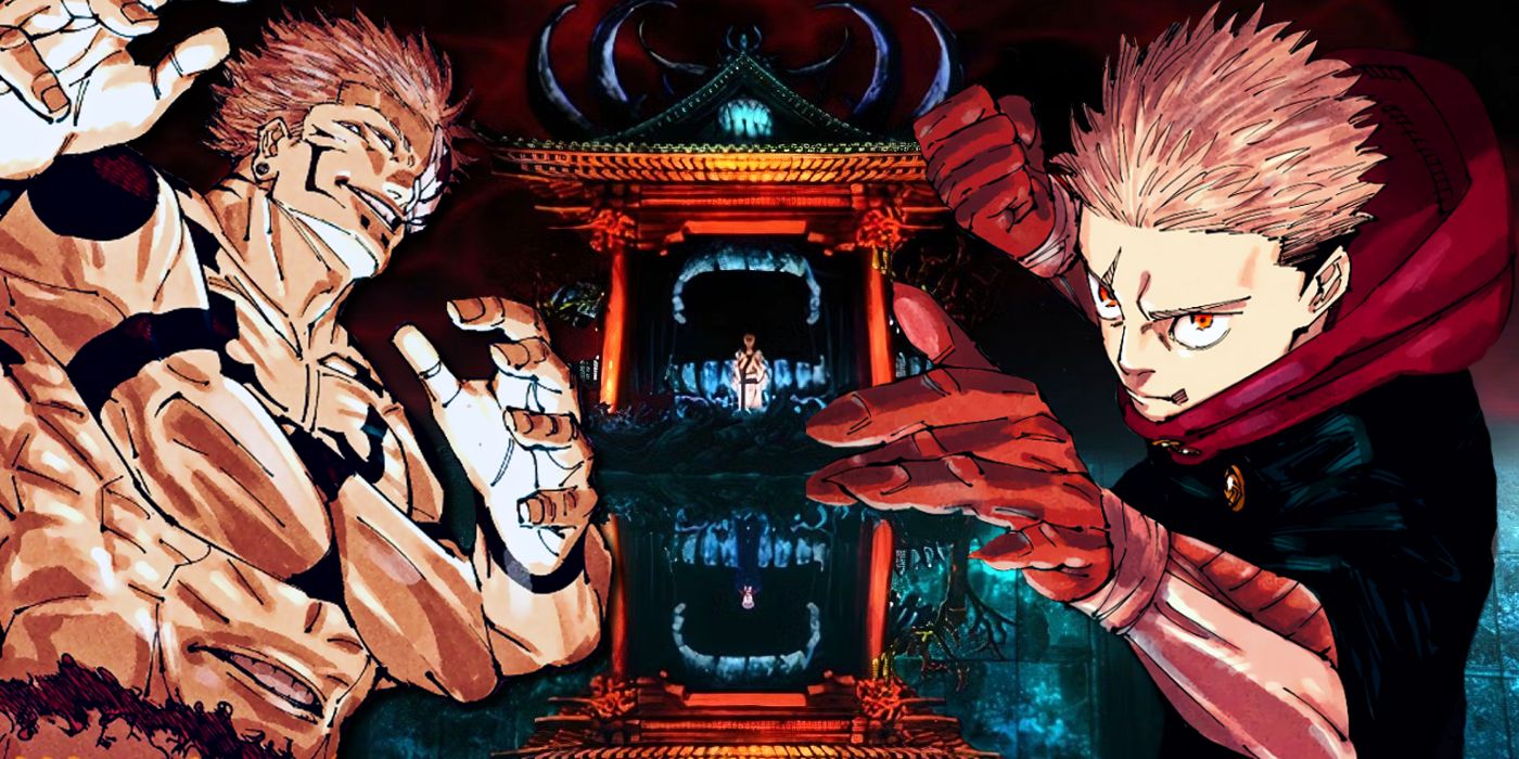 Yuji and Sukuna from Jujutsu Kaisen in fighting stances with sukuna's malevolant shrine in the center