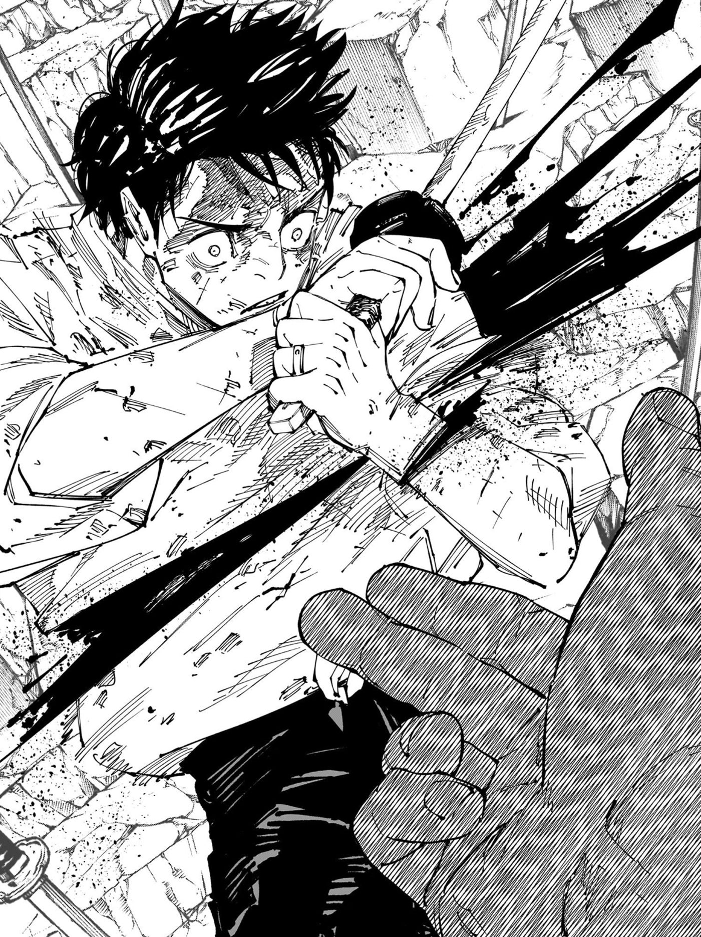 Yuta is slashed by sukuna whose hand can be seen in the bottom right corner of the panel pointing right at Yuta in jujutsu kaisen