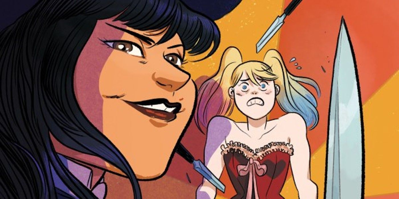 Zatanna atira facas em Harley Quinn na capa variante de Harley Quinn 2024 Annual #1.