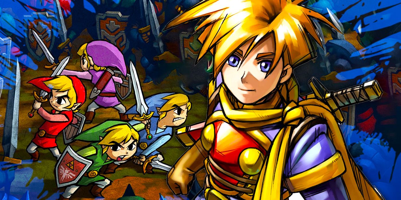 Four Links from Zelda: Four Swords Adventures and Isaac from Golden Sun.