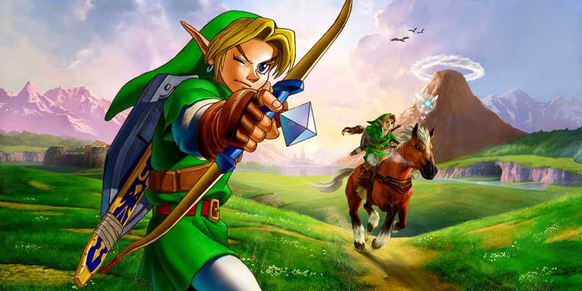 Link from Ocarina of Time drawing a bow in front of the key art for Ocarina of Time 3D, showing Link riding Epona.