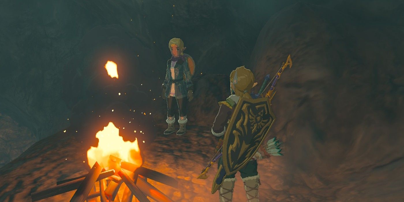 Link encontrando Selmie na caverna East Biron Snowshelf em The Legend of Zelda: Tears of the Kingdom.