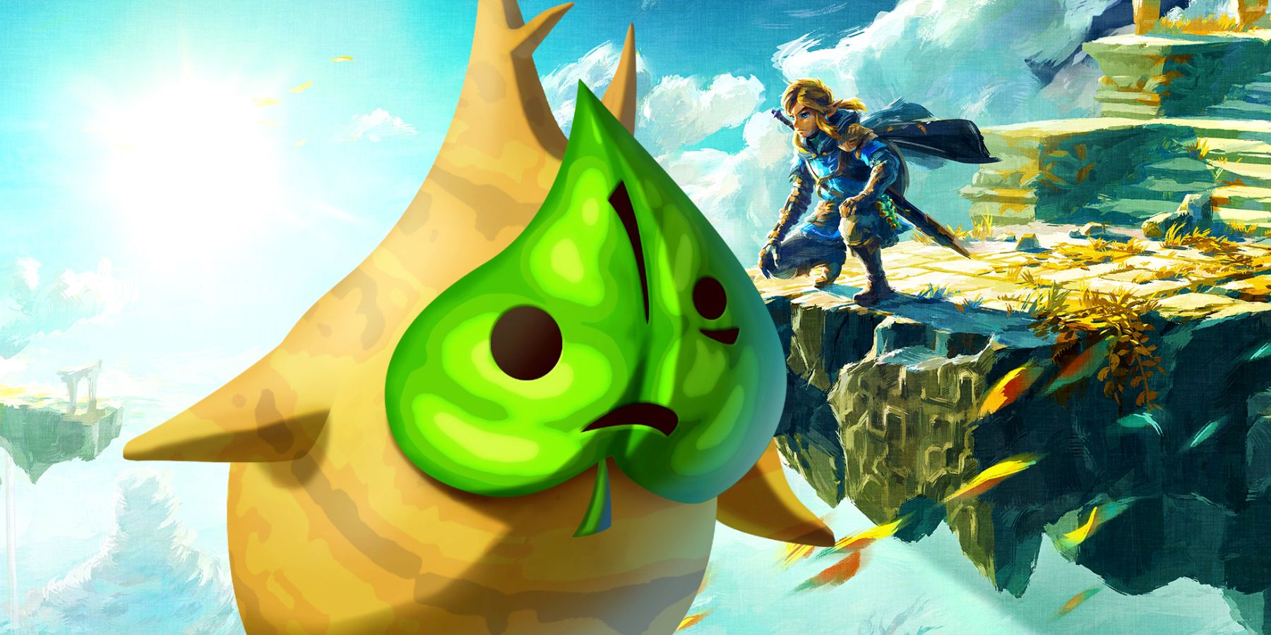 A Korok over a background showing Link crouching on the edge of a sky island in Tears of the Kingdom.