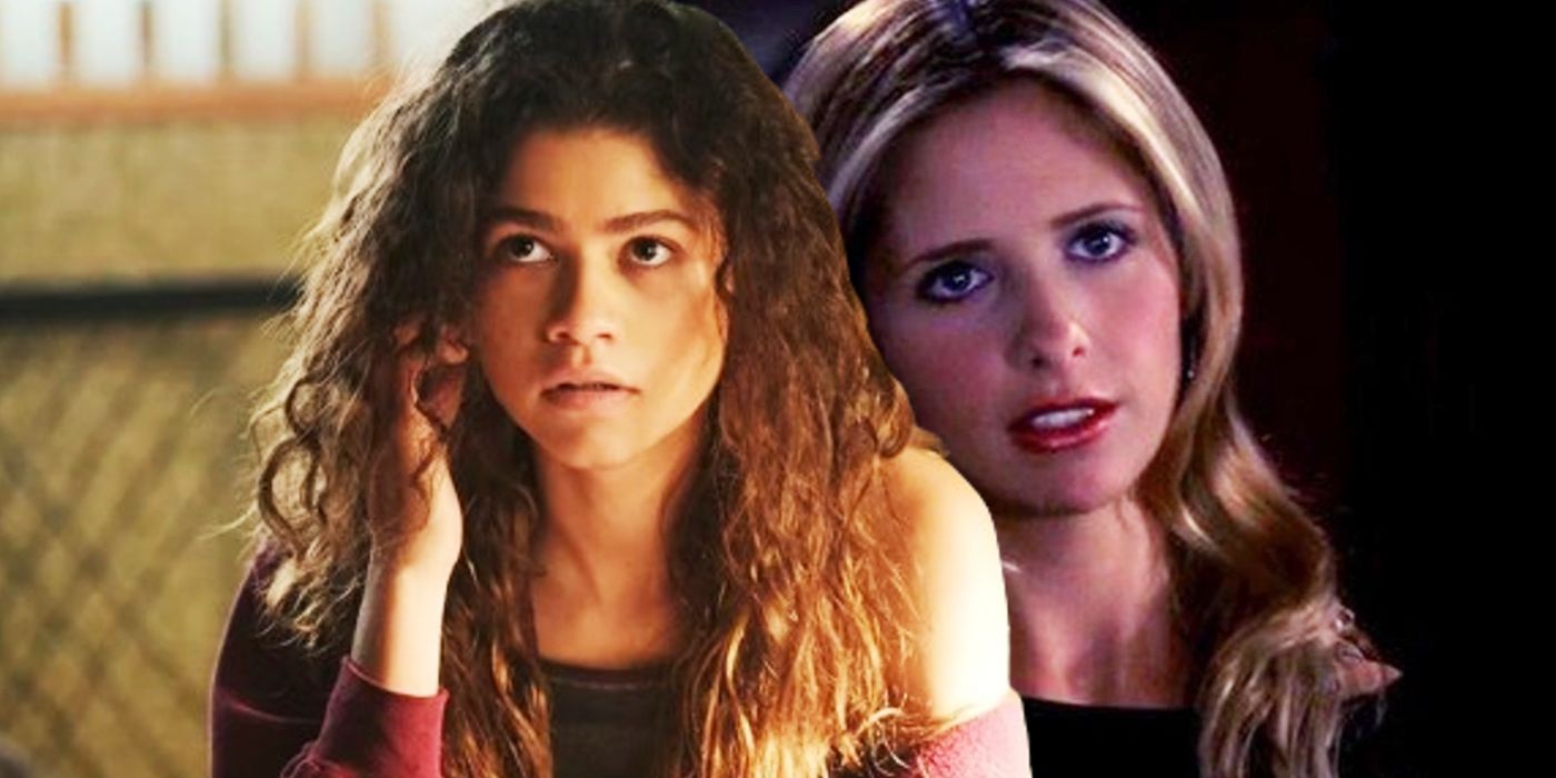 Zendaya as Rue in Euphoria juxtaposed with Sarah Michelle Gellar as Buffy in Buffy the Vampire Slayer