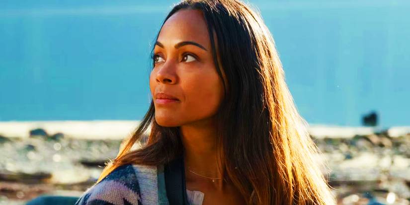 Zoe Saldaña as Laura looking pleased in The Adam Project