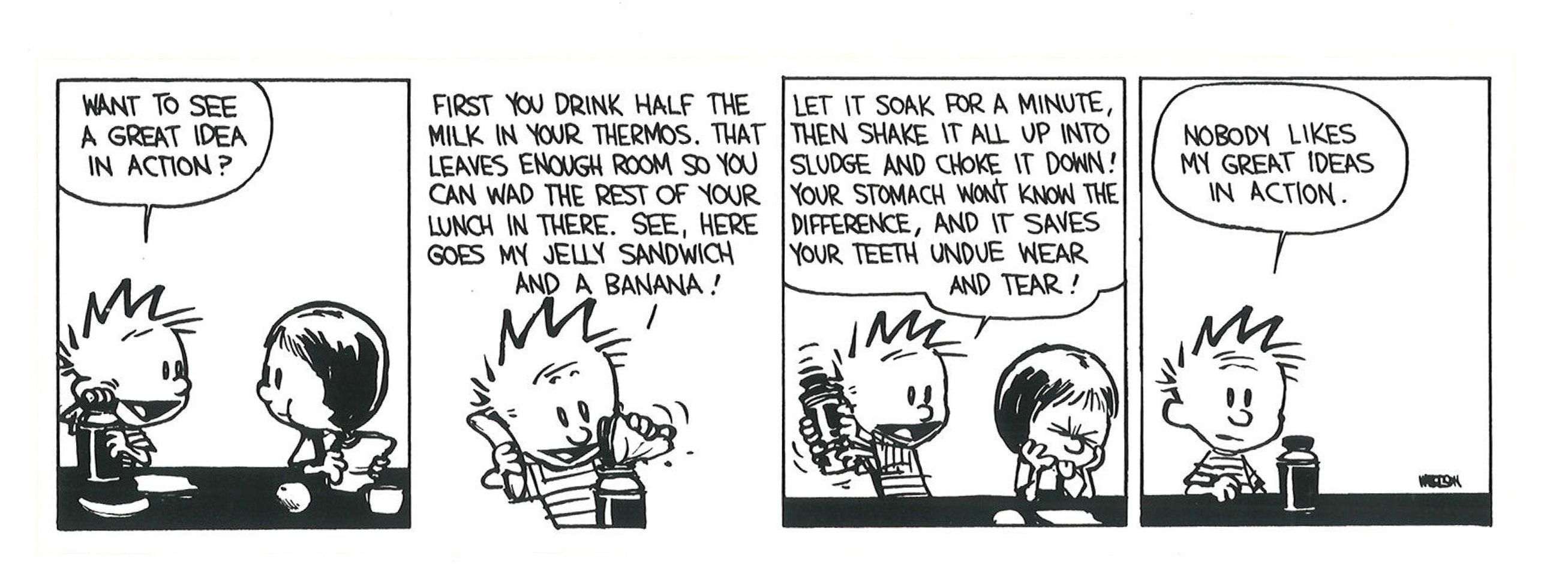Calvin and Hobbes strip of Calvin grossing out Susie Derkins at lunch by stuffing his food into his chocolate milk.