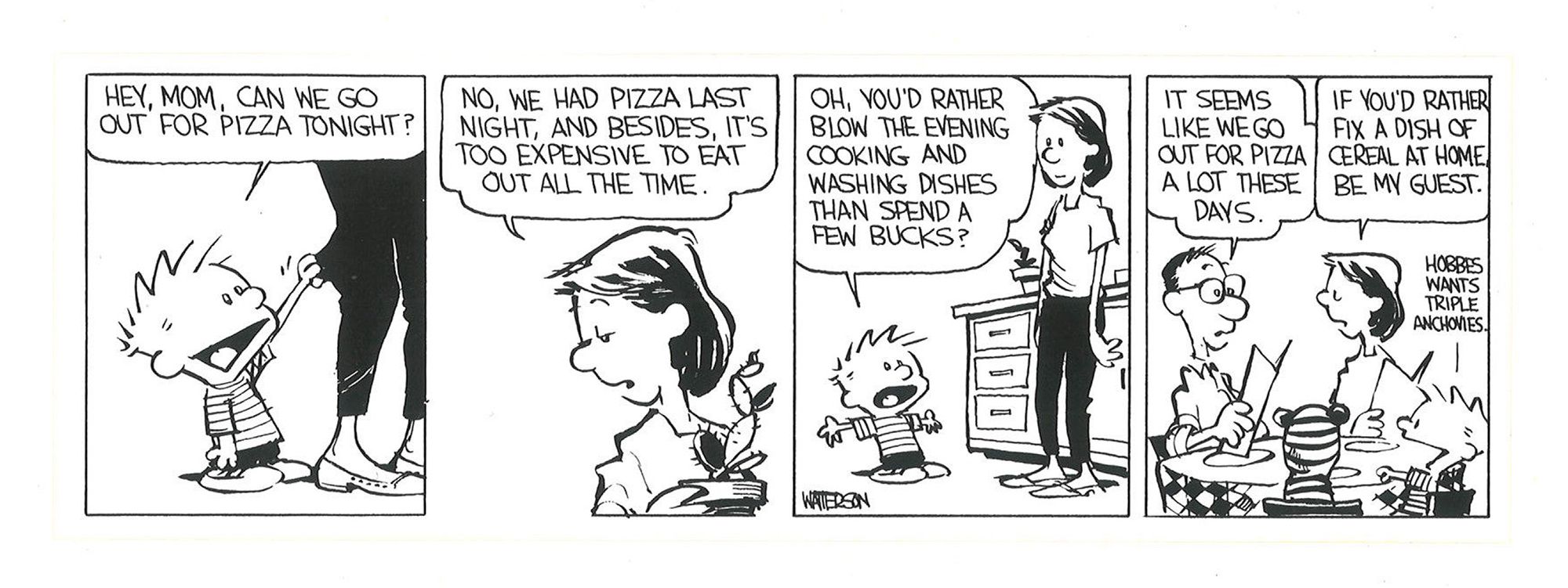 Calvin and Hobbes comic where Calvin convinces his mom to go out for dinner
