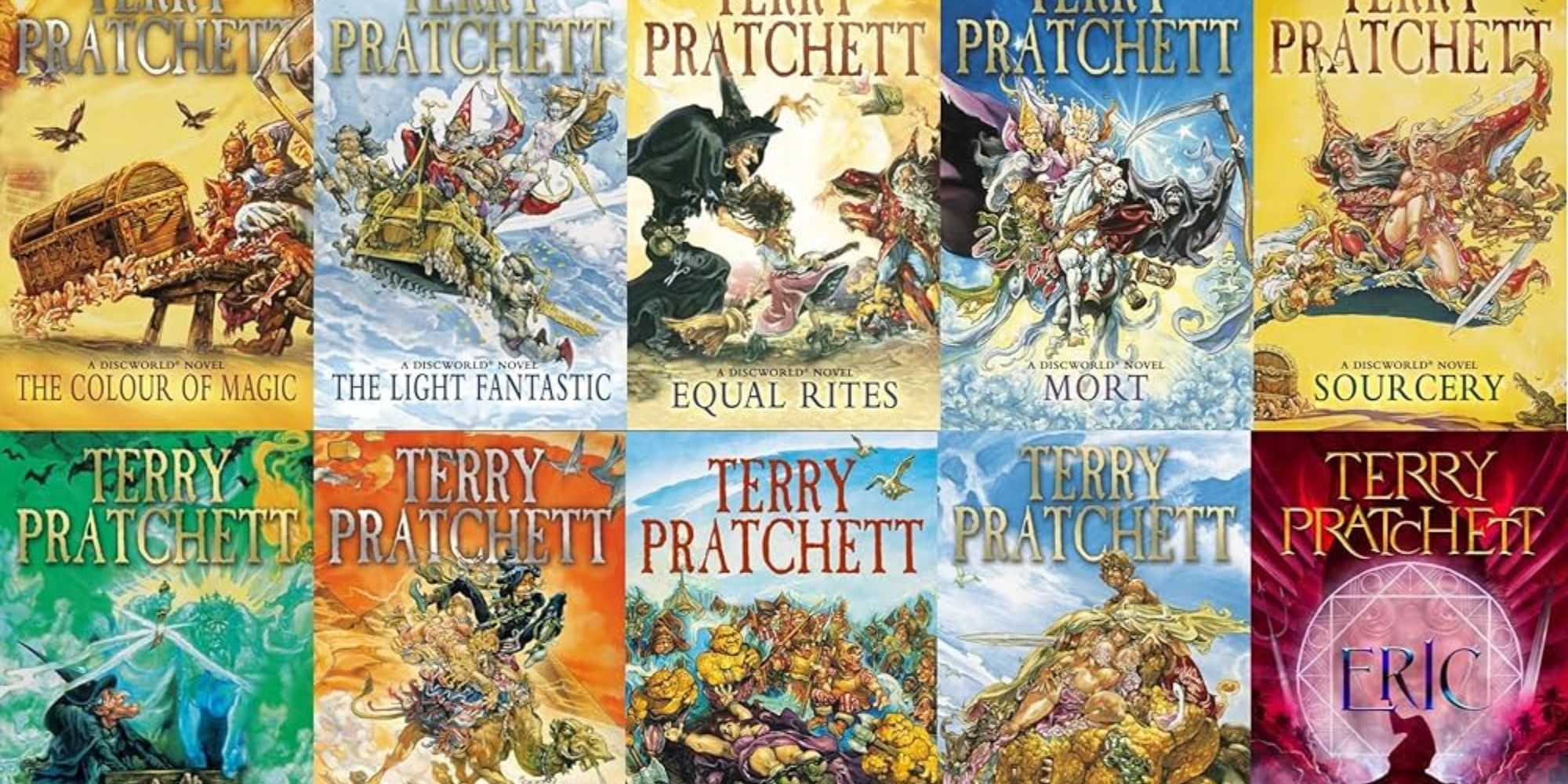 Colagem de capas de livros do Discworld