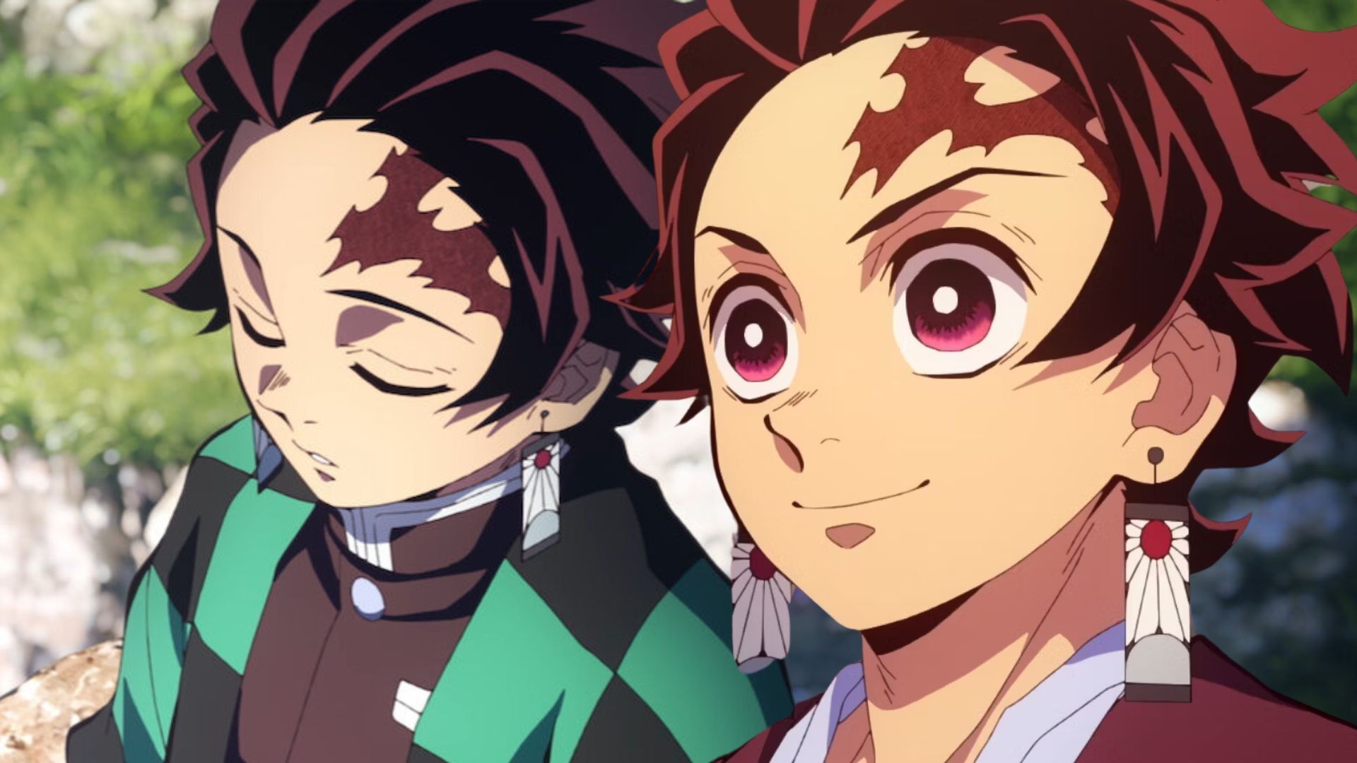 Tanjiro in the background is meditating with cropped image of Tanjiro smiling in the front.