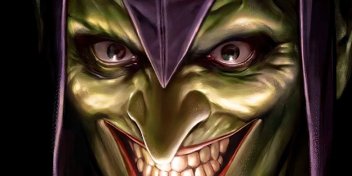 Close do rosto do Duende Verde com um sorriso sinistro.