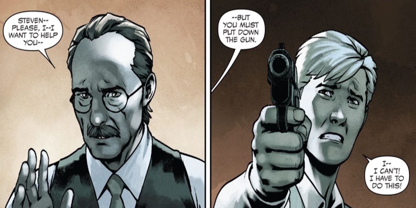 Steve Rogers pointing a gun at the scientist who created Captain America.