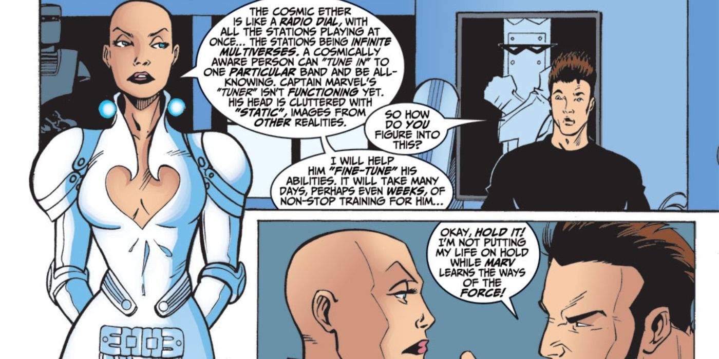 Moondragon offering to train Genis-Vill aka Captain Marvel.
