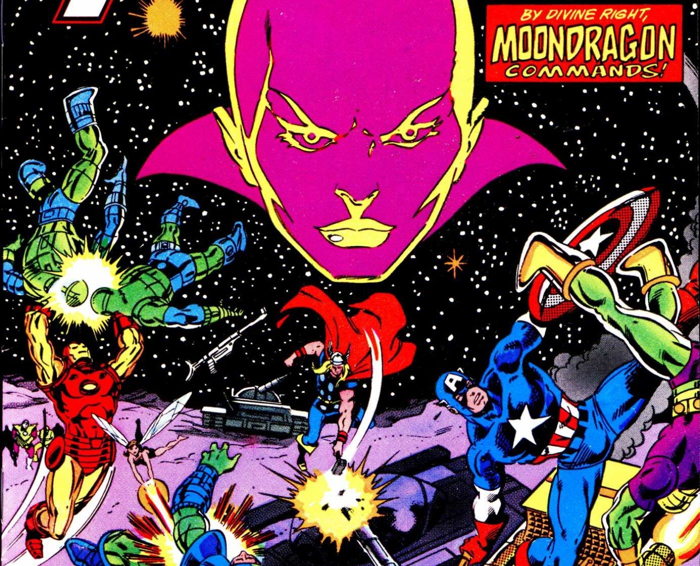 Moondragon taking on the entire Avengers roster.