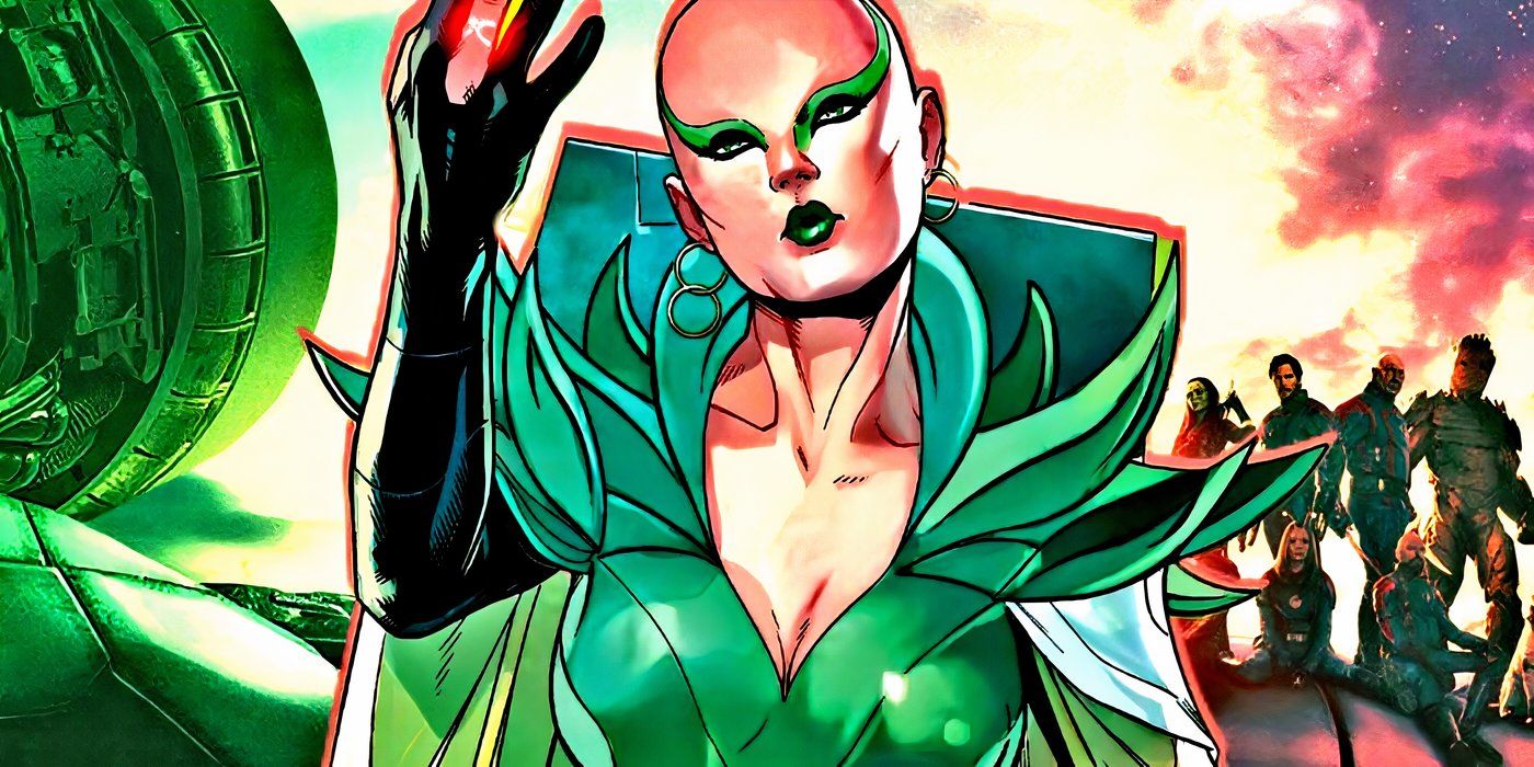Moondragon with the MCU's Guardians of the Galaxy behind her.
