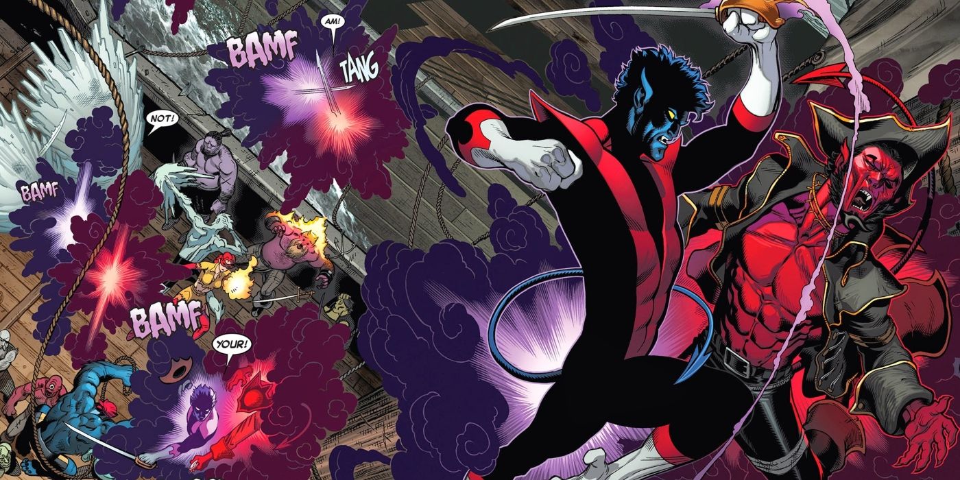 Nightcrawler battling Azazel on a pirate ship in heaven.