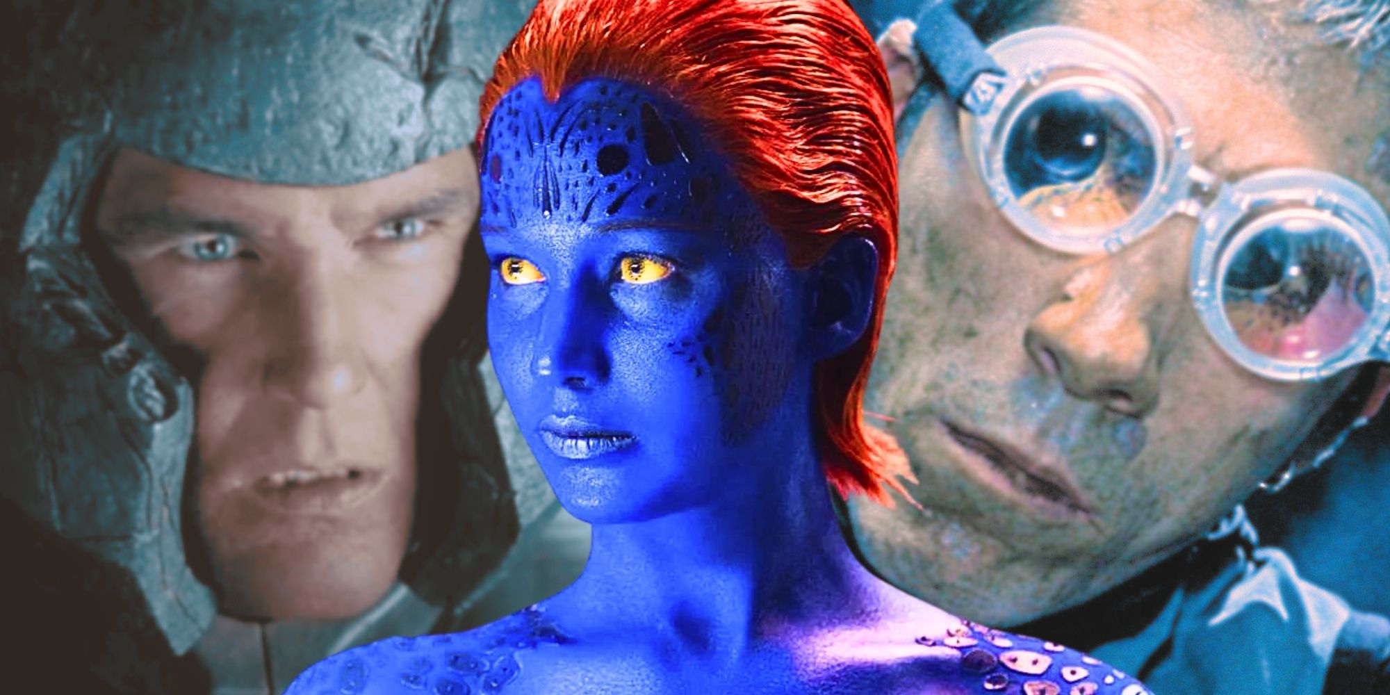 Split image of VInnie Jones as Juggernaut, Jennifer Lawrence as Mystique, and Ray Park as Toad in the X-Men franchise
