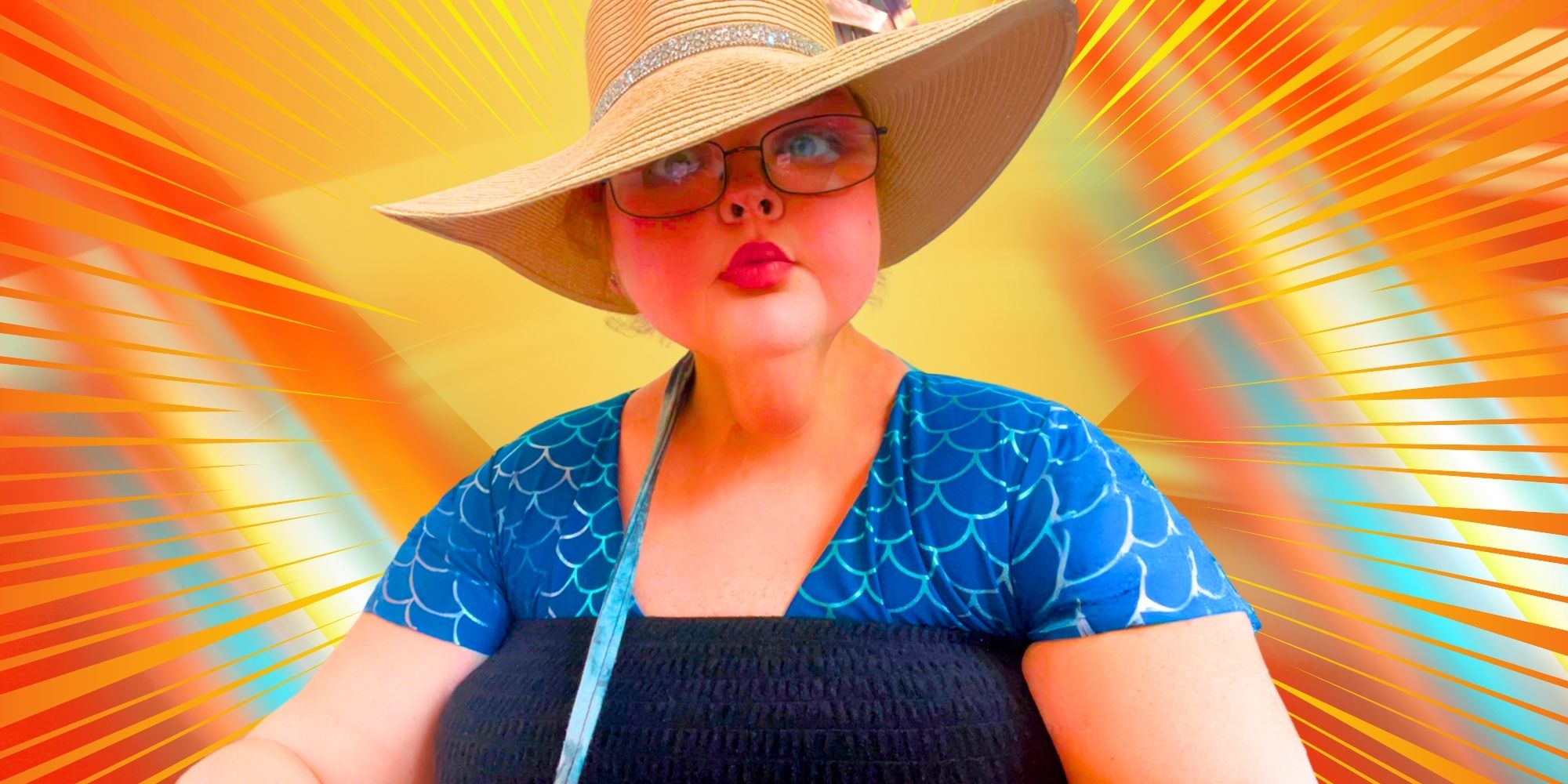 1000-lb Sister Tammy Slaton in blue outfit and straw hat against orange background