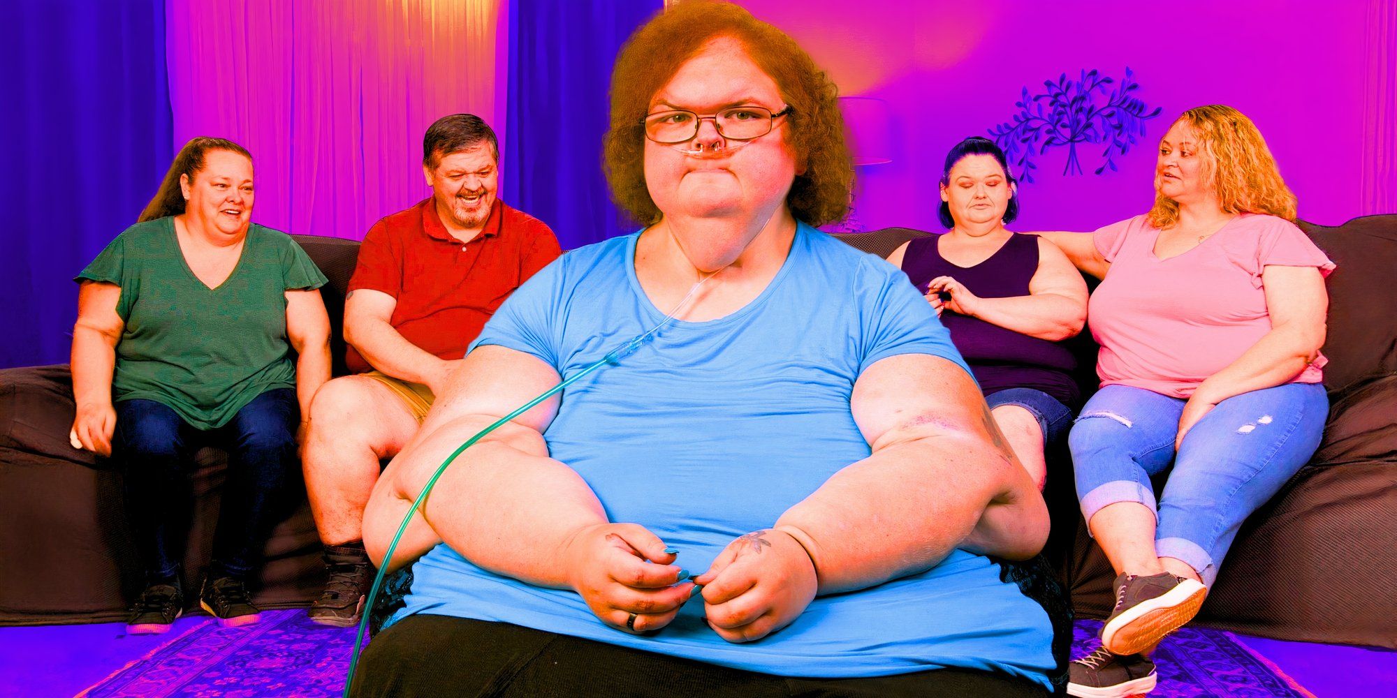 1000-Lb Sisters Season 5 cast in montage of tammy slaton with other cast members in the background on a couch including amy slaton and chris combs
