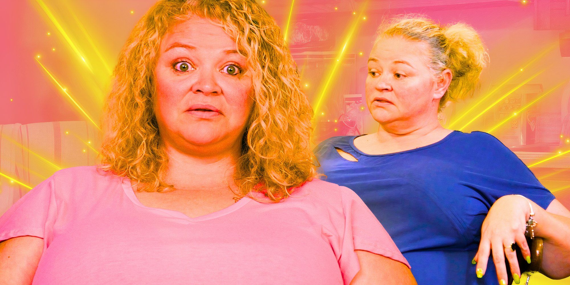 1000 lb sisters star amanda halterman in montage featuring two different expressions and a yellow and pink background