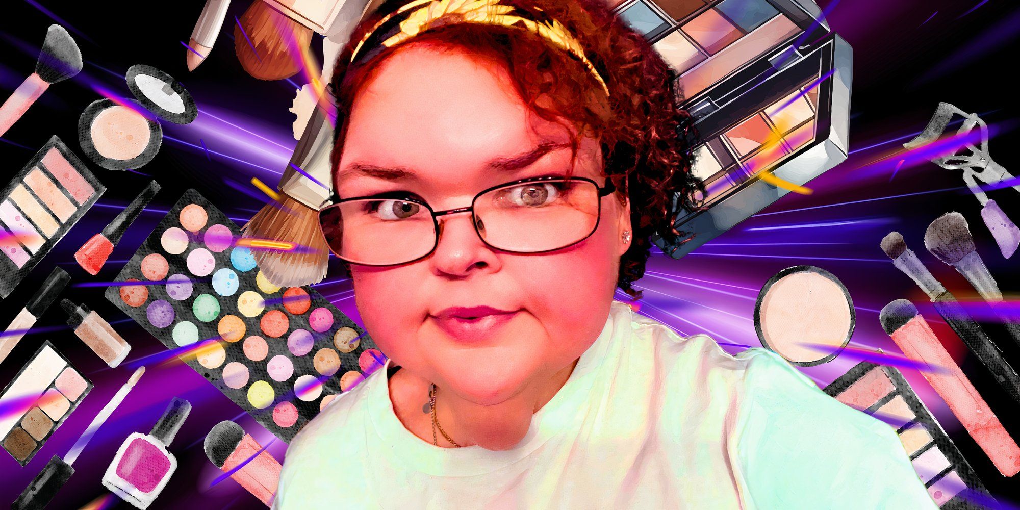 1000 lb sisters tammy slaton in montage featuring makeup in the background and tammy smiling slightly