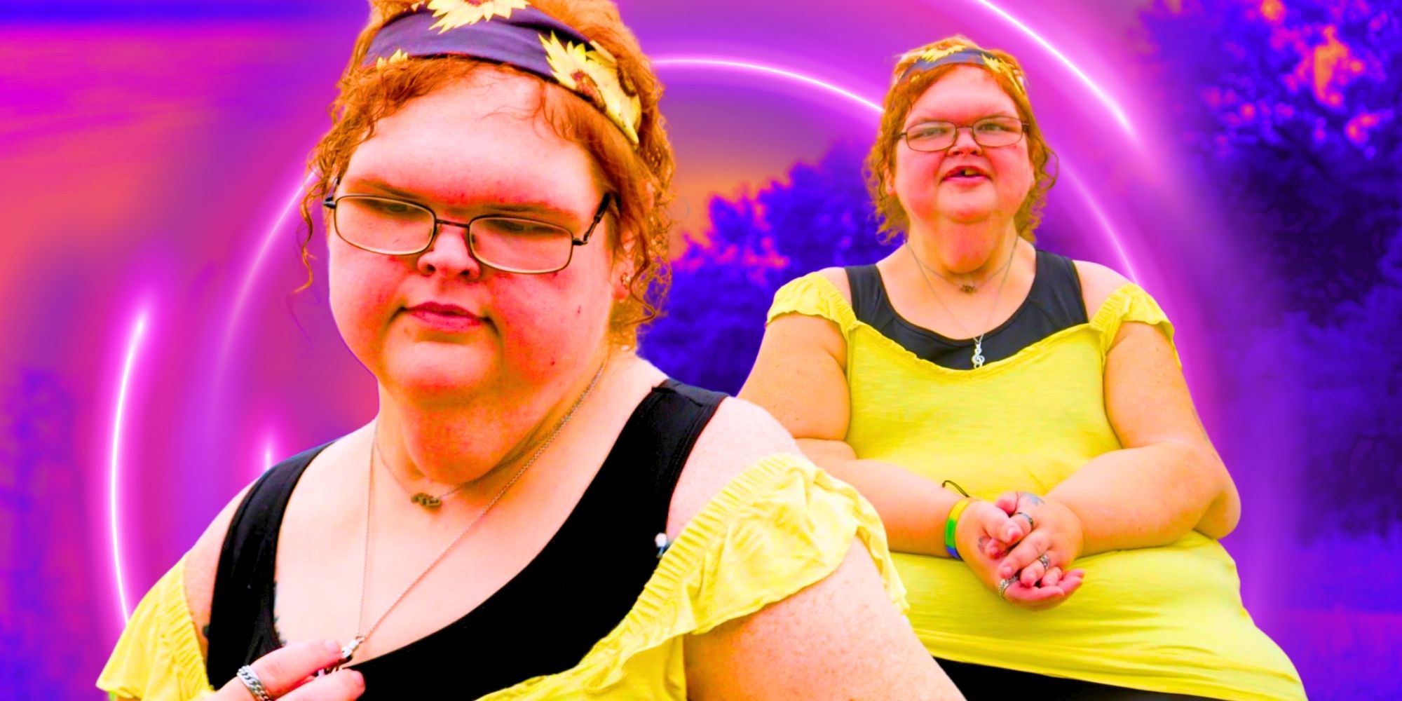 1000-lb Sisters Tammy Slaton in side by side pictures after weight loss yellow shirt purple background