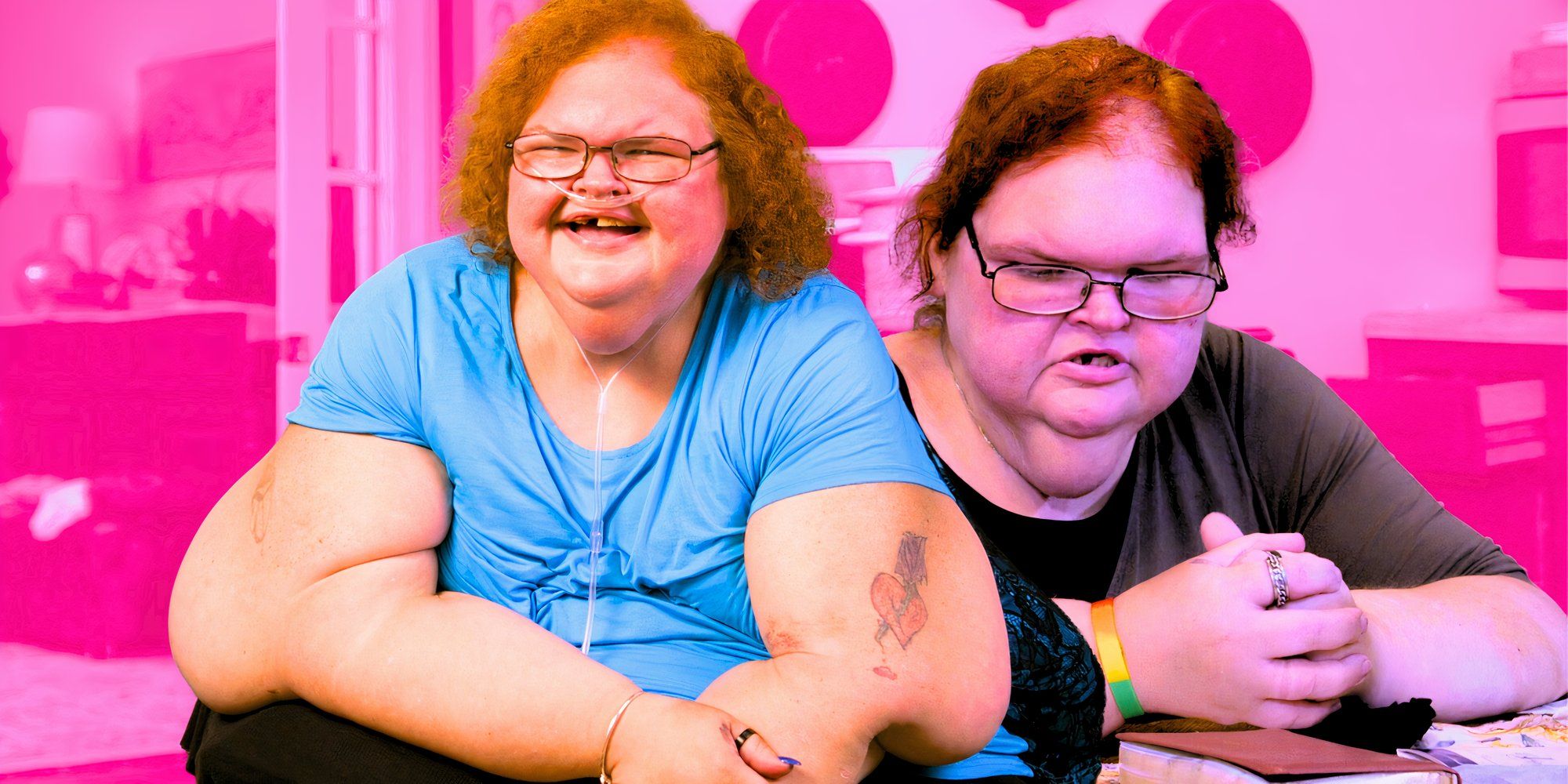 montage of Tammy from 1000-lb sisters with different moods sad and happy with pink background