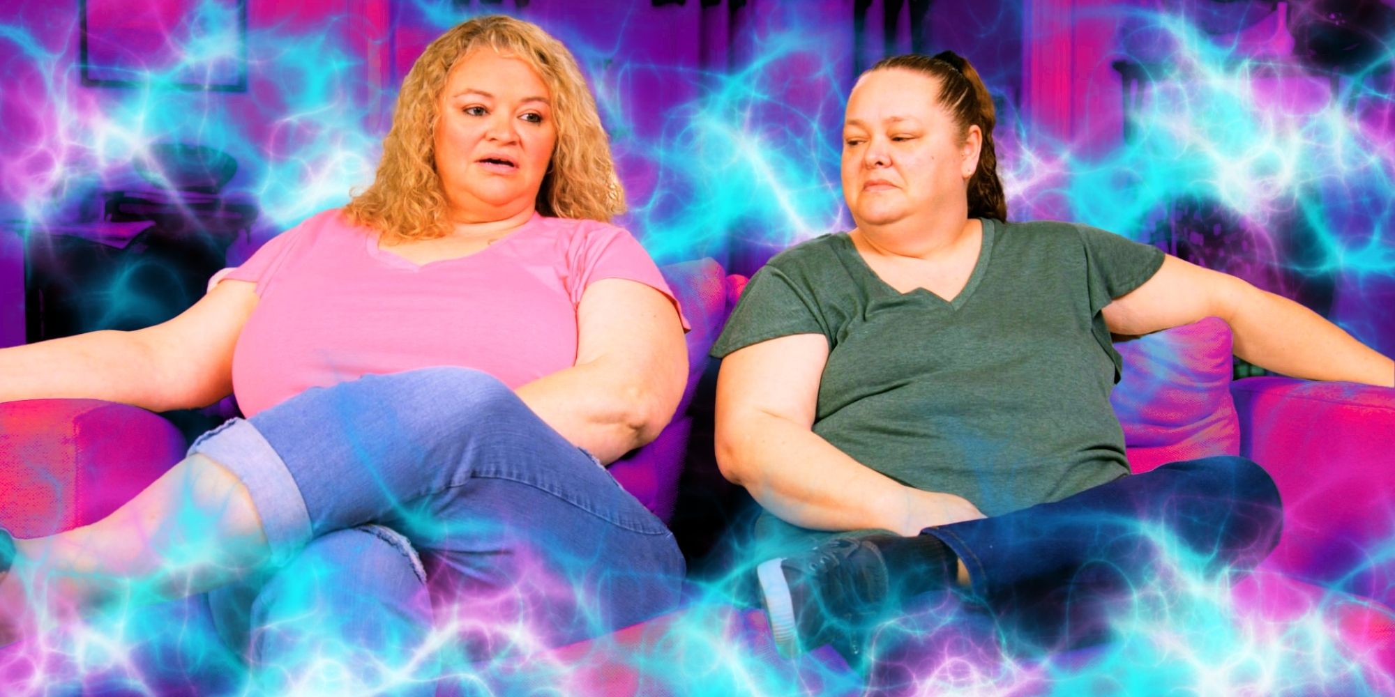 1000-lb Sisters stars Amanda Halterman and Misty Slaton Wentworth seated side by side, looking contemplative, surrounded by lights and smoke