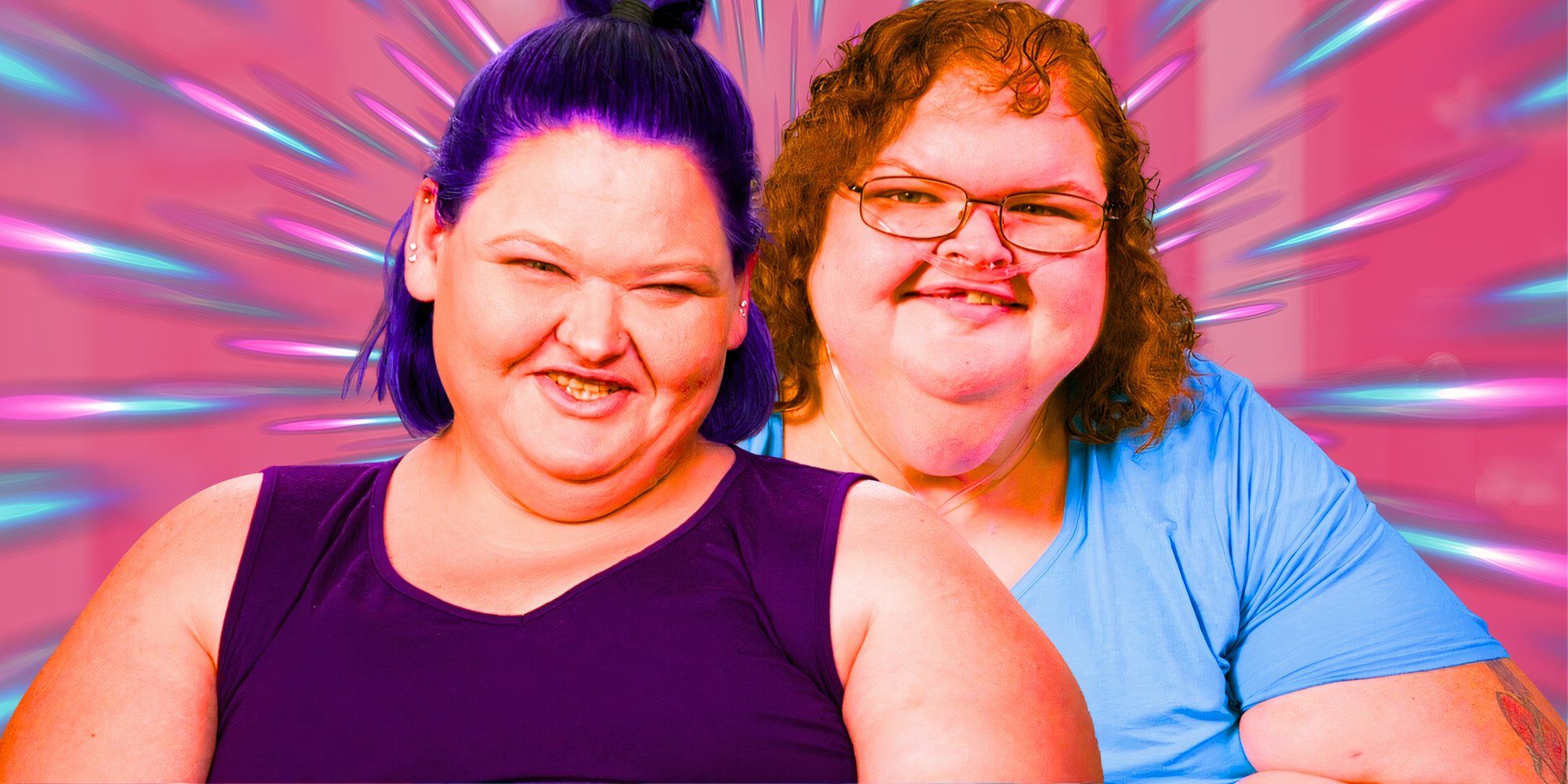 1000-Lb Sisters stars Amy & Tammy Slaton smiling with pink background