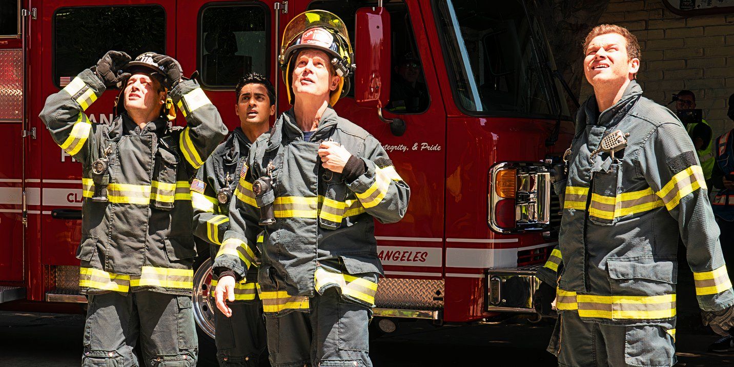 Characters from 9-1-1 including Peter Krause as Bobby Nash, Ryan Guzman as Eddie Diaz, and Oliver Stark as Buck standing in front a fire truck and looking up in season 7 episode 9