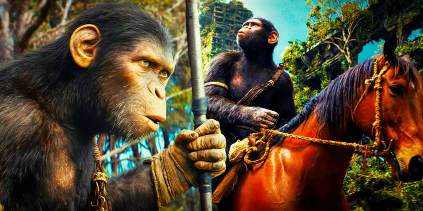 Noa holding a staff and riding a horse in Kingdom of the Planet of the Apes