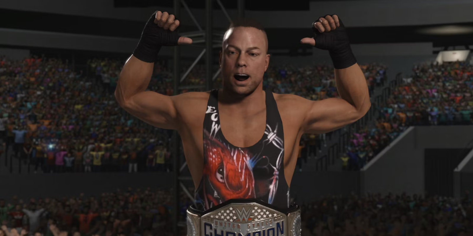 La superestrella de WWE2K24, Rob Van Dam, celebra con el campeonato en una foto del combate.