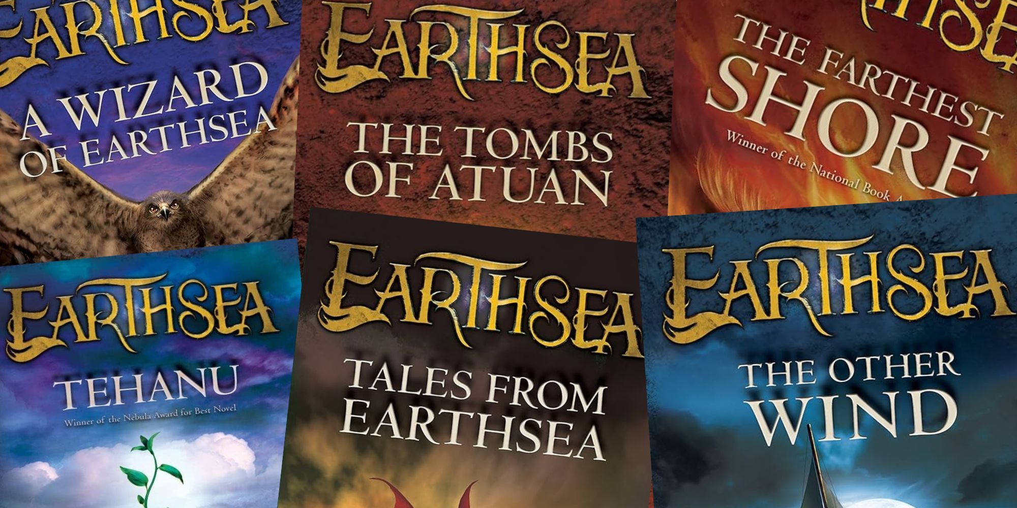 Colagem de capas de livros de Earthsea
