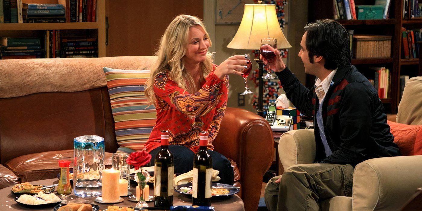 Penny and Raj toasting with wine glasses in the Big Bang Theory episode The Roommate Transmogrification
