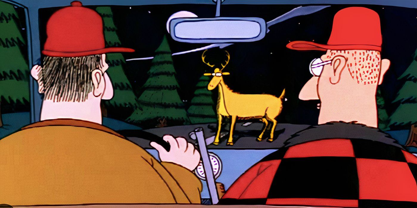 2 hunters see a deer through the windshield from Tales From The Far Side