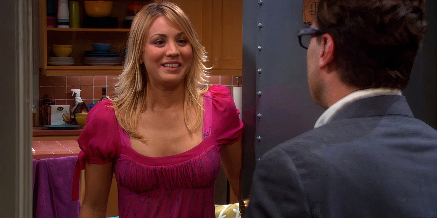 Penny opening the door to speak to Leonard in The Tangerine Factor