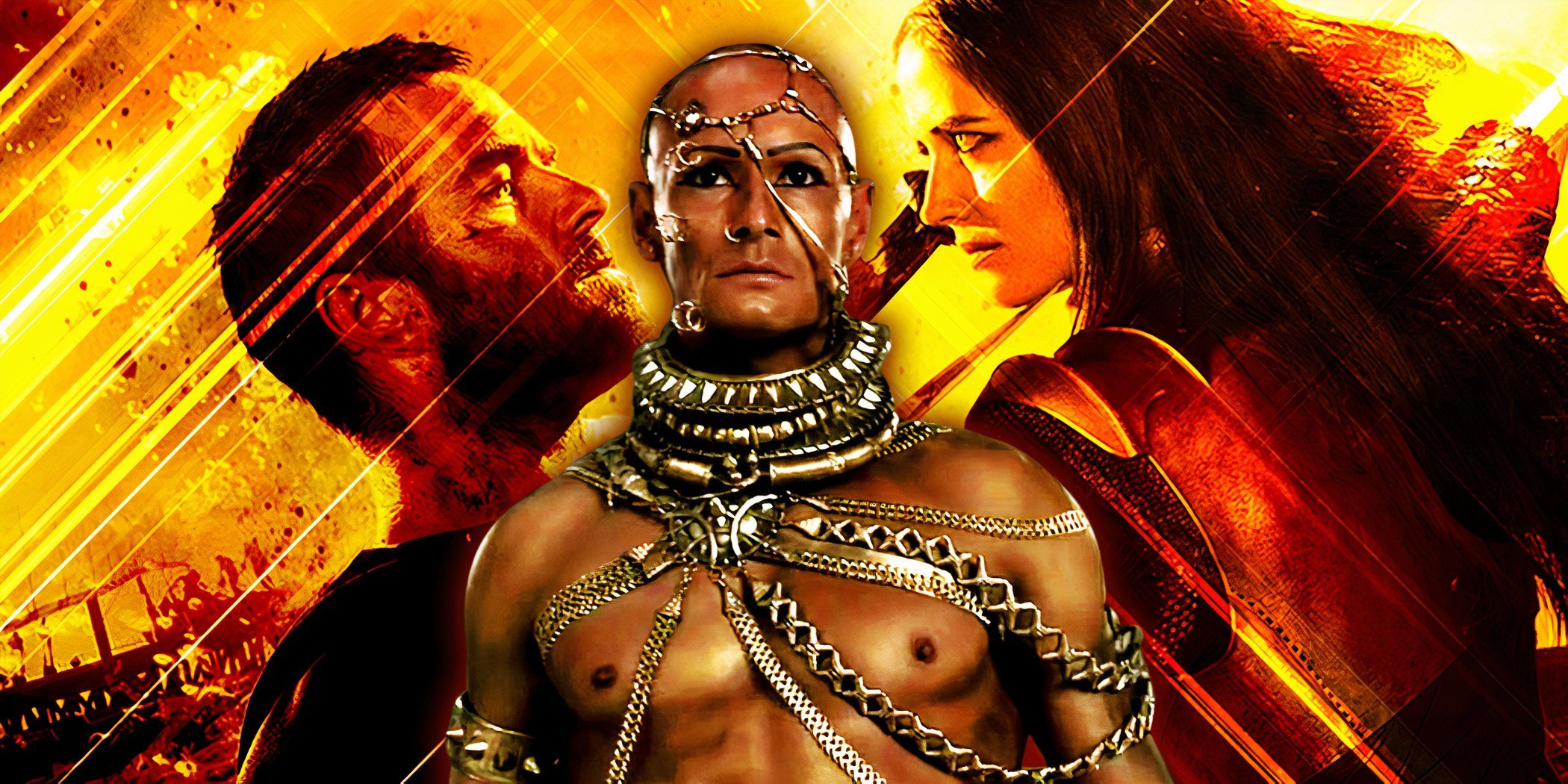 Xerxes (Rodrigo Santoro) in front of Themistokles (Sullivan Stapleton) and Artemisia (Eva Green) in 300: Rise of an Empire
